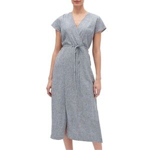 Banana Republic Linen Midi Wrap Dress, Blue and White Stripe, Size 0.